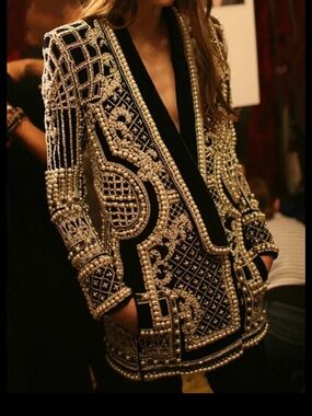 Black Pearl-Trim Blazer Jacket